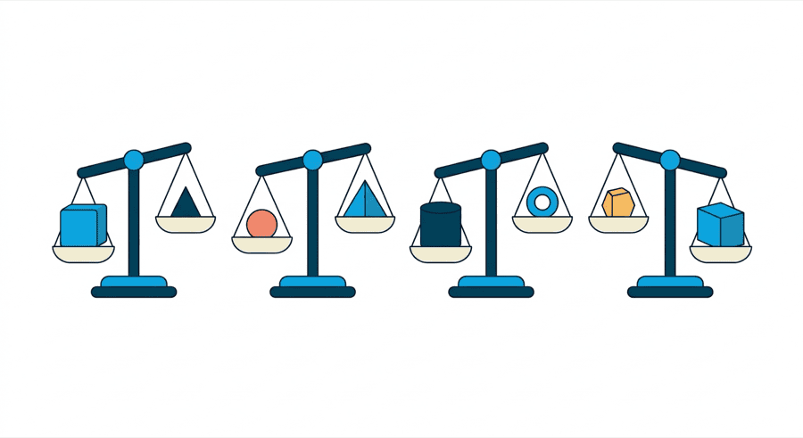 Illustration: a row of scales weighing different objects side by side