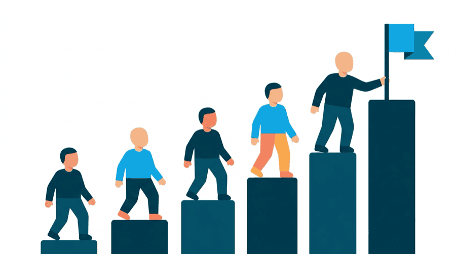 Illustration: a bar chart climbing in steps toward a large milestone marker