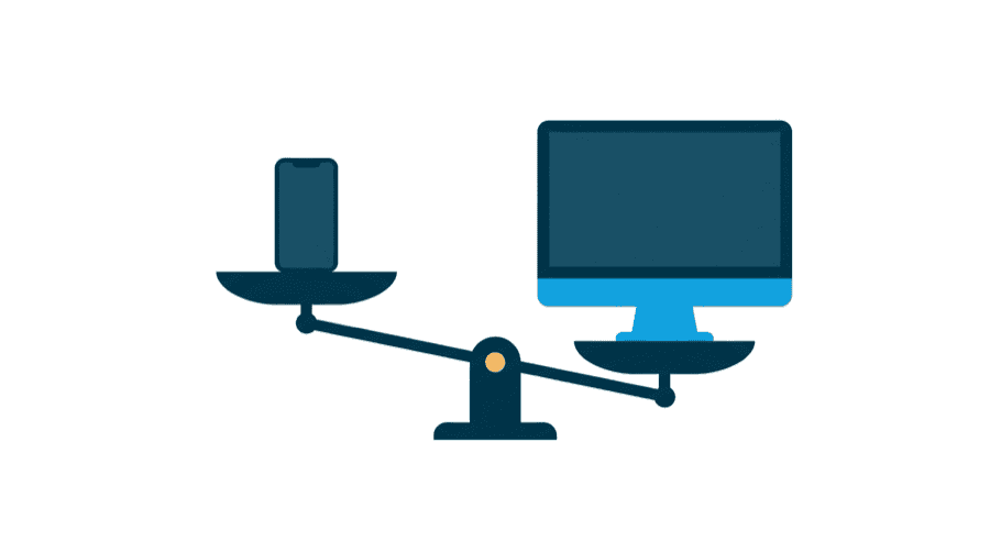 Illustration: a phone and a desktop screen sitting on the two pans of a balance