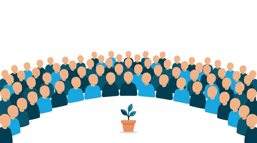 Illustration: a tiny seedling in front of a large crowd of onlookers