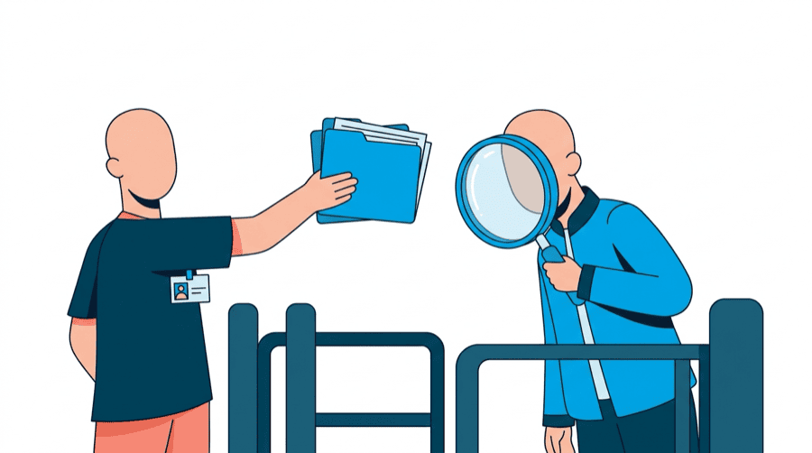 Illustration: a person at a gate holds out a folder of papers while the gatekeeper inspects them through a magnifying glass, with an identity badge clipped to the visitor