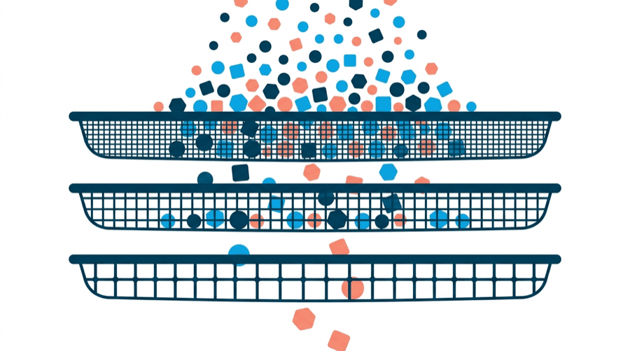 Illustration: three sieves stacked one above the other, each with a different mesh, with small shapes falling through and being caught at different levels