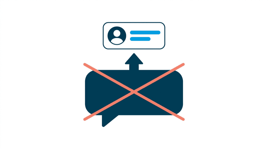 Illustration: a small profile card floating above a speech bubble that contains an arrow pointing up at it, with a cross mark over the speech bubble while the card stays untouched