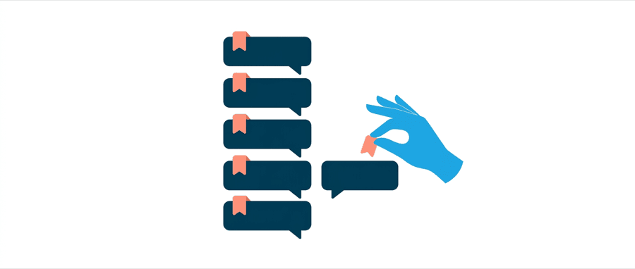 Illustration: a vertical stack of plain speech bubbles, each carrying the same small coral tag in the same corner, with a hand shape lifting one of the tags away