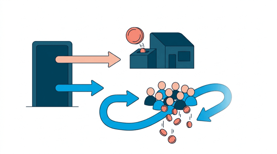 Illustration: two paths from a single doorway, one short and straight to a small building, one long and looping through a crowd first