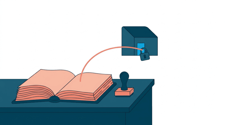Illustration: a rulebook lying open on a desk with a stamp beside it, and a small building in the background with a padlock on the door