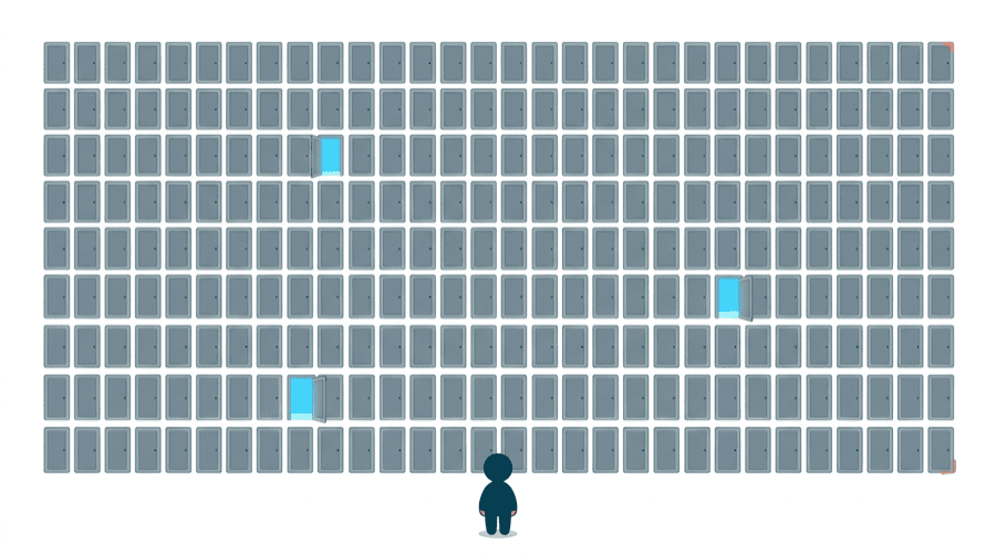 Illustration: a wide grid of small identical grey doors with only three of them open and lit, and one tiny figure standing alone in front of it