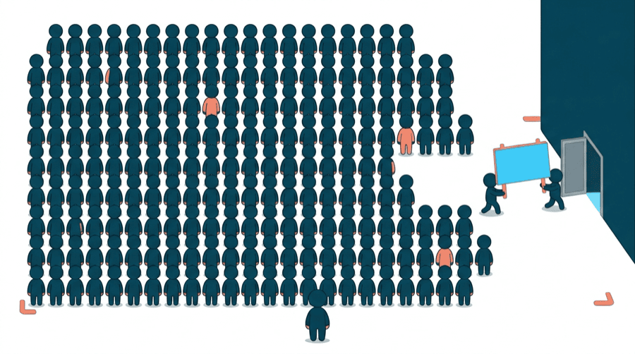 Illustration: a large crowd of small figures already gathered outside a building, with a signboard being carried out to them afterwards