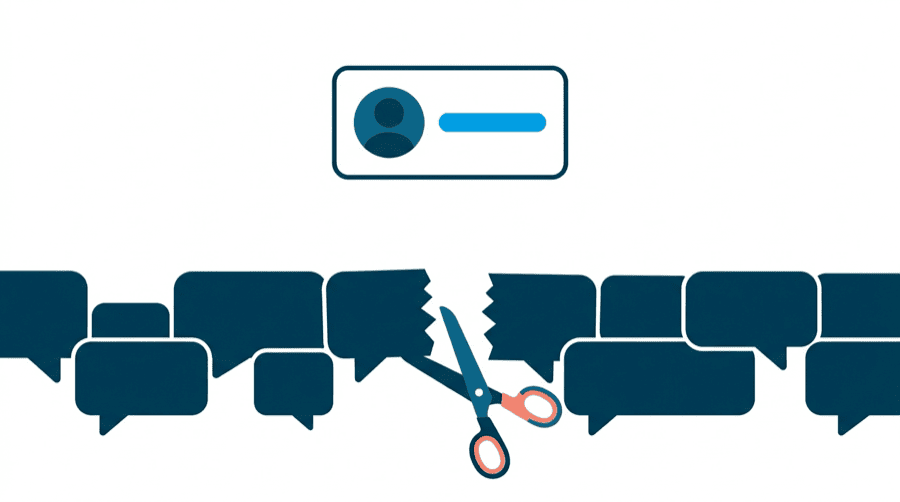 Illustration: a small profile card with a single link on it, floating above a wall of comment bubbles, with a pair of scissors unable to reach it