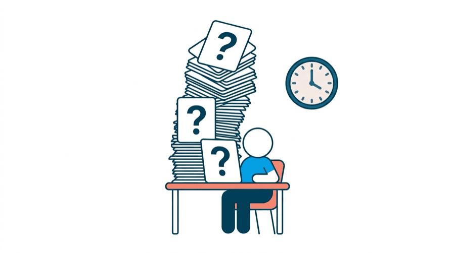 Illustration: a small desk buried under a tall stack of question cards, with a clock on the wall behind it