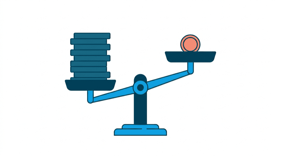 Illustration: a simple balance scale with a single small coin on one side and a tall stack of blocks on the other