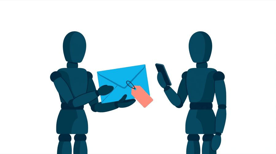 Illustration: one figure holds out an envelope with a price tag on it toward a second figure holding a phone