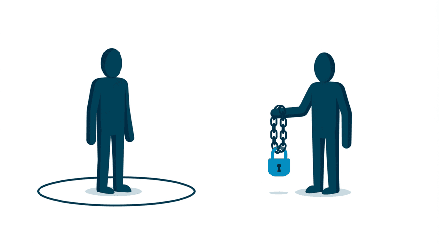 Illustration: one figure stands inside a circle drawn on the ground while a second figure holds a chain with an open padlock