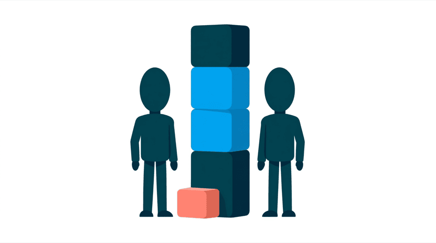 Illustration: two figures stand beside a tall stack of labelled blocks where the top blocks are larger than the bottom one