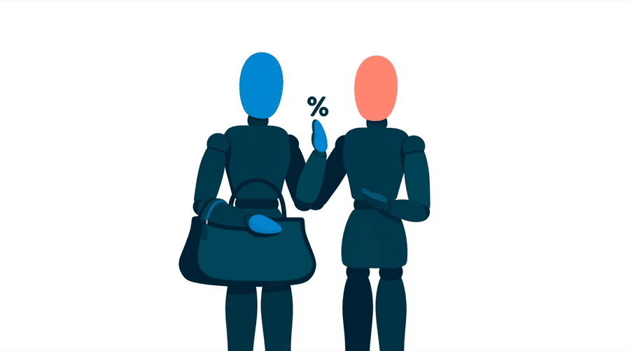 Illustration: one figure holds a full purse in one hand and a small percentage sign in the other while a second figure looks at both