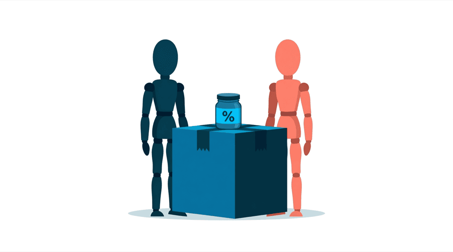 Illustration: two figures stand beside a jar labelled with a percentage sign sitting on top of a larger sealed box