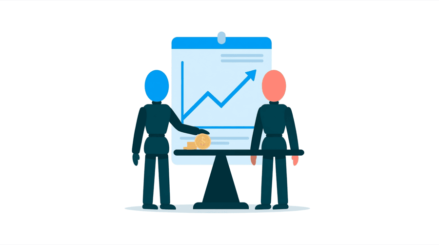Illustration: one figure adds a small coin to a scale while a second figure watches a rising line on a chart behind them