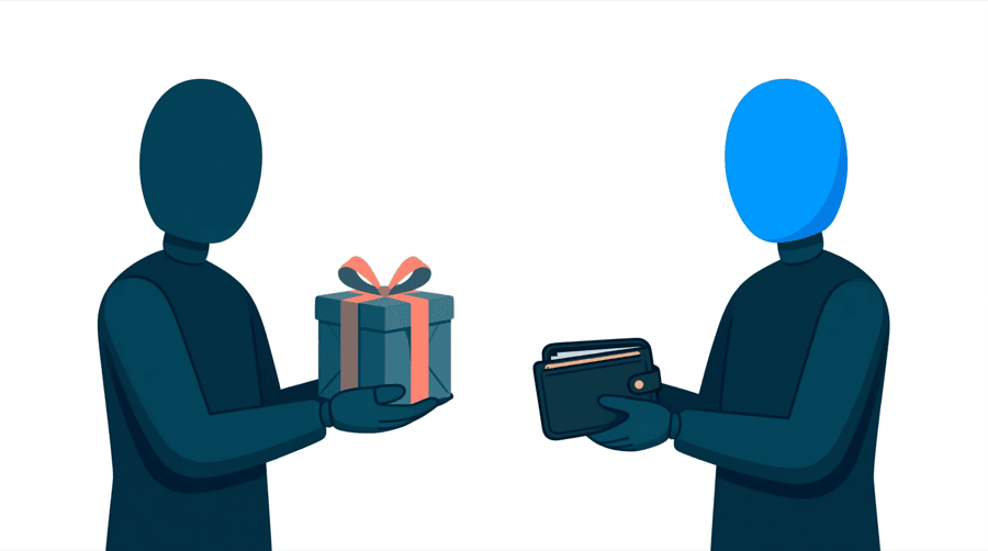 Illustration: one figure holds out a wrapped parcel while a second figure holds an empty open wallet