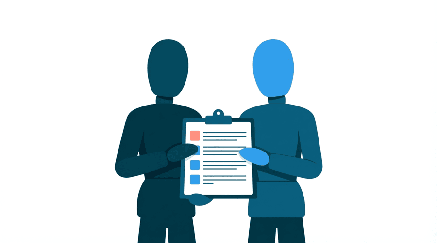 Illustration: two figures read a single long checklist held open between them