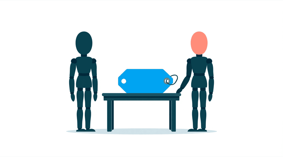 Illustration: two figures pass a single price tag back and forth across a small table