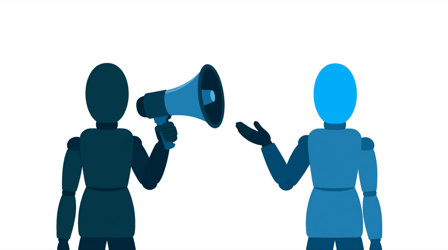 Illustration: one figure offers a megaphone to a second figure who holds up an open hand to refuse it