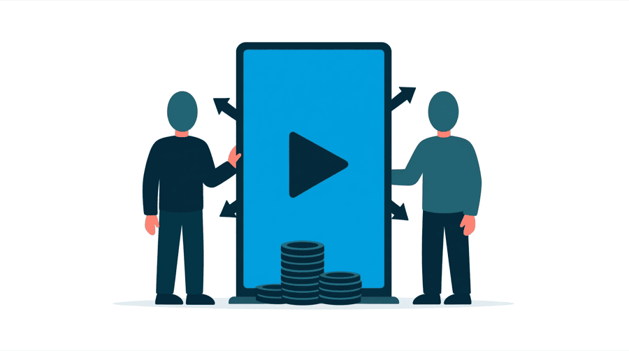 Illustration: two figures stand beside a large upright screen showing a play symbol with a stack of coins in front of it and arrows pointing outward