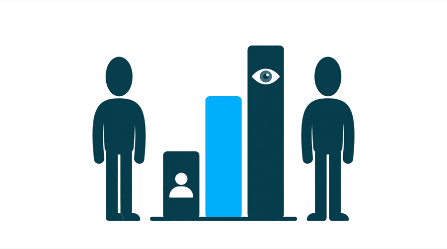 Illustration: two figures stand beside a large bar chart where one bar is labelled with an eye symbol and a taller bar is labelled with a person symbol