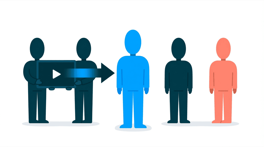 Illustration: five figures in a row where the left two hold a screen showing a play symbol and a large arrow points from the screen toward the three figures on the right