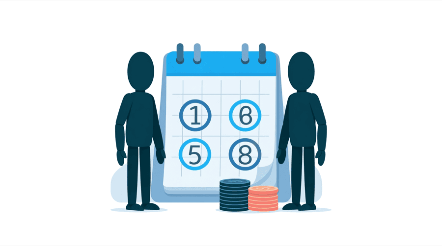 Illustration: two figures stand beside a large calendar page with four circled dates and a stack of coins resting in front of it