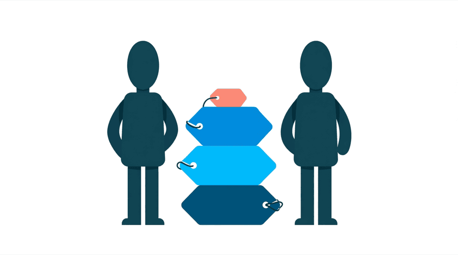 Illustration: two figures stand beside three stacked price tags where the top tag is smaller than the one below it