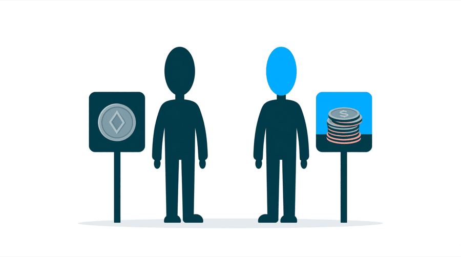 Illustration: two figures stand between two upright square signs where the left sign shows one coin and the right sign shows three stacked coins