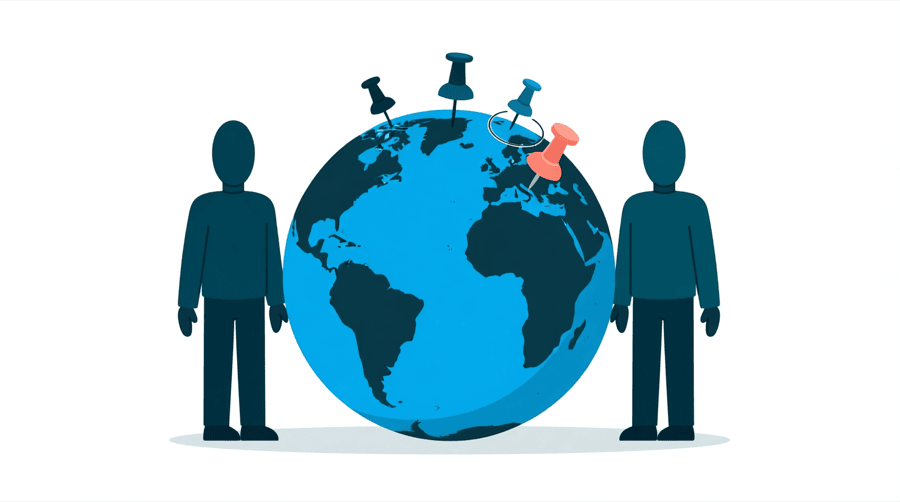 Illustration: two figures stand beside a large globe marked with three pins where one pin is circled