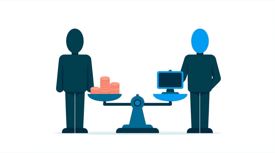 Illustration: two figures stand either side of a balance scale with a stack of coins on one side and a small screen on the other