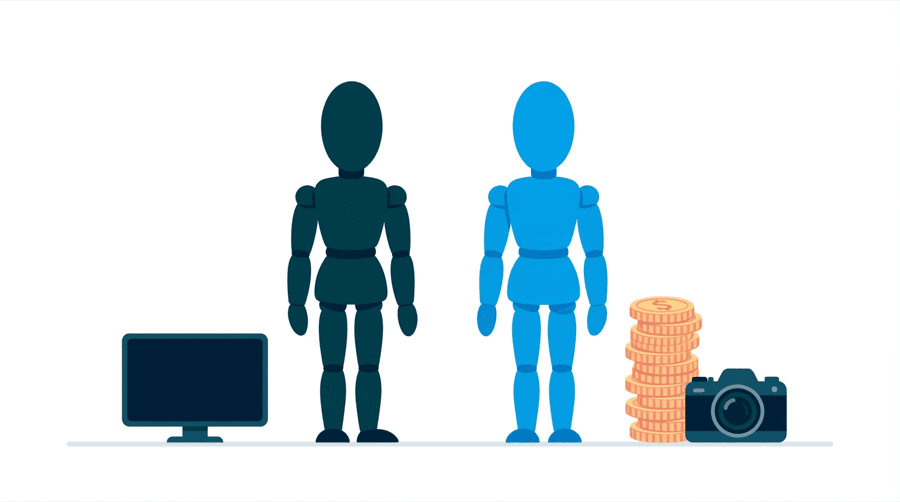 Illustration: two figures stand between a small screen on the left and a tall stack of coins beside a camera on the right