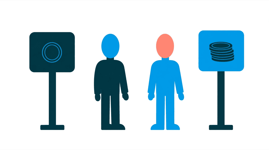 Illustration: two figures stand between two upright square signs where the left sign shows one coin and the right sign shows three stacked coins
