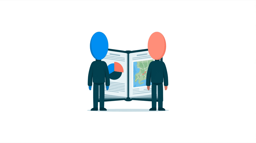 Illustration: two figures stand beside a large open folder showing a pie chart and a small map