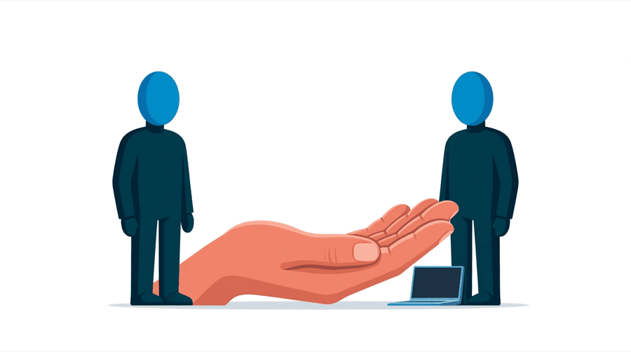 Illustration: two figures stand either side of a large hand held up with the palm facing out beside a small screen