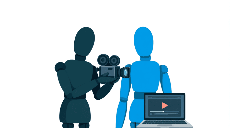 Illustration: one figure hands a small video camera to a second figure who stands beside a closed laptop showing a play symbol