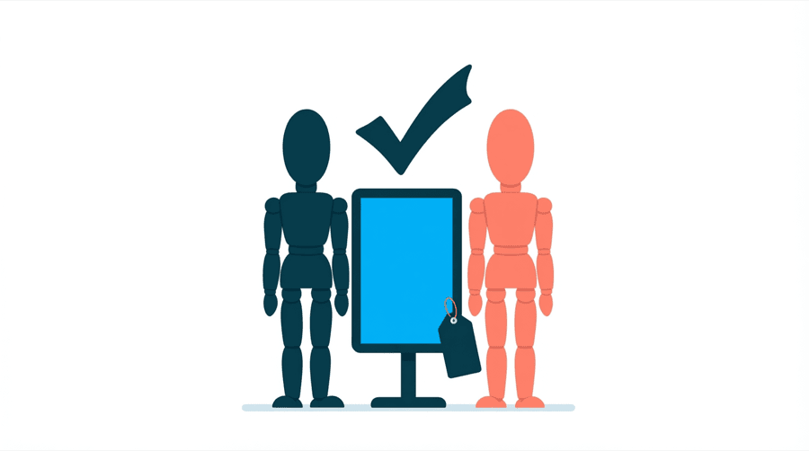 Illustration: two figures stand beside a small screen with a tick mark above it and a price tag hanging to one side
