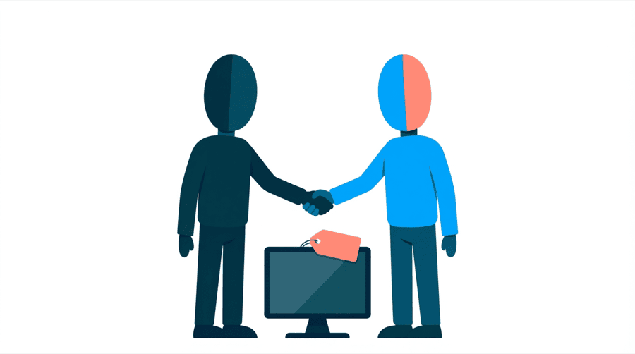 Illustration: two figures shake hands over a small screen with a price tag resting on top of it