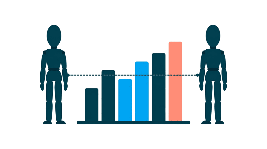 Illustration: two figures stand beside a bar chart of uneven bars with a flat dashed line drawn across the middle of them