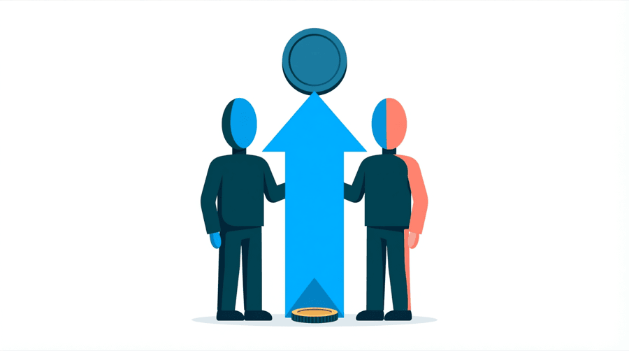 Illustration: two figures stand beside a large upward arrow with a small coin at its base and a large coin at its tip