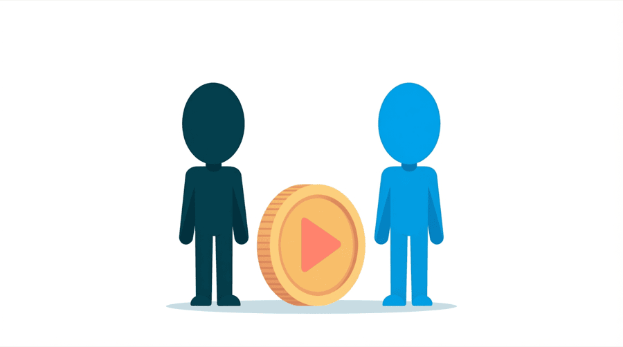 Illustration: two figures stand either side of a large coin marked with a video play symbol