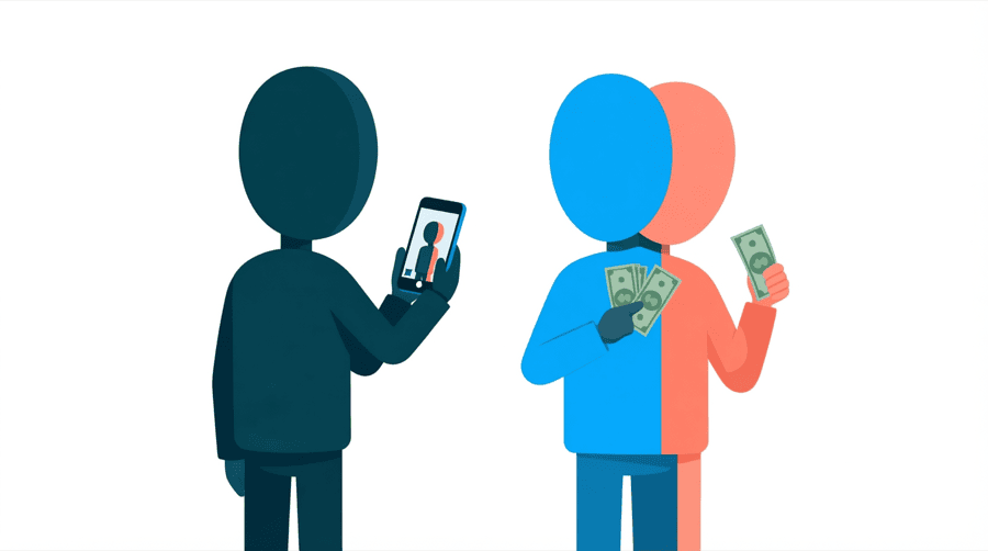 Illustration: one figure holds a phone showing a vertical video frame while a second figure holds up two stacked banknotes