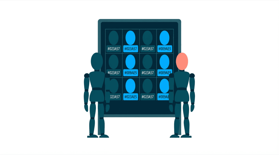 Illustration: two figures study a large table of rows and price tags mounted on a stand