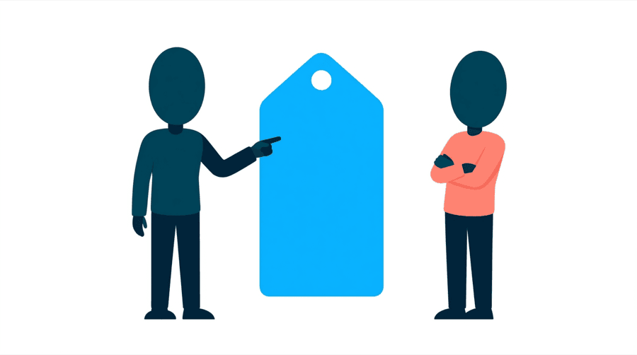 Illustration: one figure points at a large price label showing a low number while a second figure turns away with folded arms