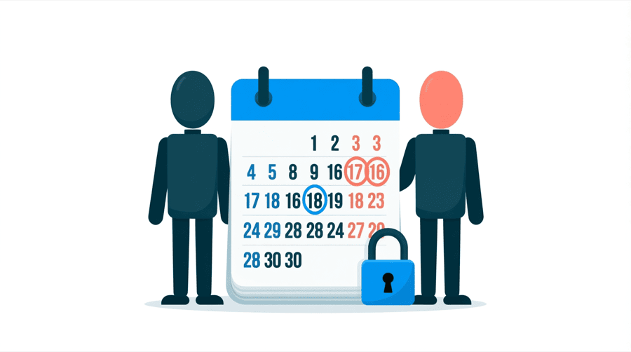 Illustration: two figures stand beside a large calendar page with a circled date and a padlock resting on it