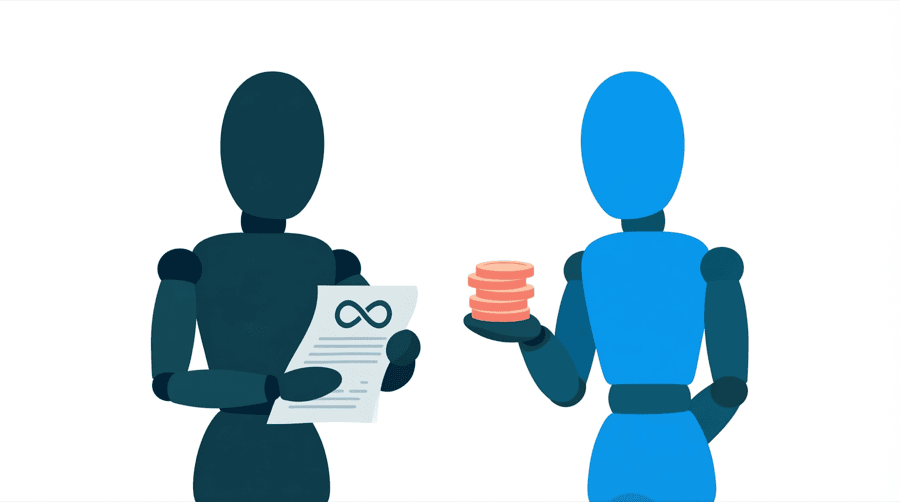 Illustration: one figure holds a document stamped with an infinity symbol while a second figure holds up four stacked coins