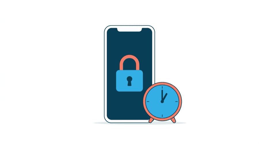 Illustration: a phone showing a locked panel on the very first screen, with a clock beside it marking the first minute