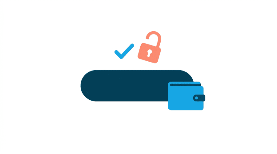 Illustration: a large rounded button shape with a small tick and an open padlock floating just above it